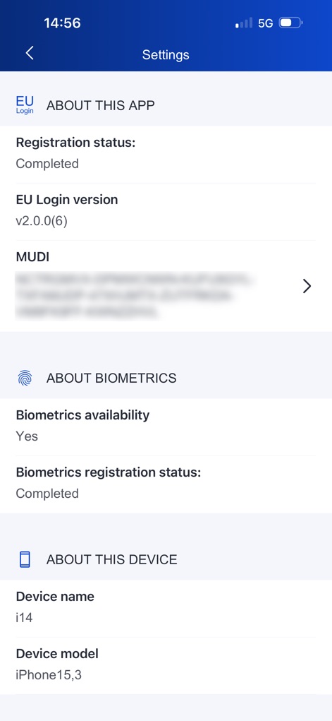 EU Login - Comprehensive 'About' details are accessible, providing information such as the 'Registration status' and the specific 'EU Login version' for user transparency.