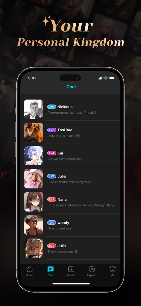 BALA AI - Chat With Soulful AI - Manage your diverse ongoing chats with multiple AI characters and navigate the app effortlessly using the intuitive bottom navigation tabs.