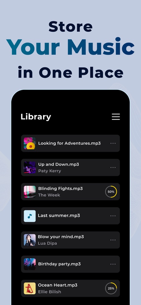 Vocal Remover AI Splitting - ユーザーはアルバムアート付きのライブラリリスト表示を通じて、全ての楽曲を一箇所で管理し、各ファイルの処理状況インジケーターも確認できます。