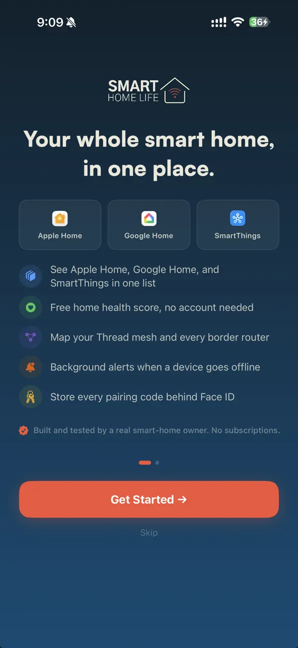 One Home view merging Apple Home, Google Home, and SmartThings devices