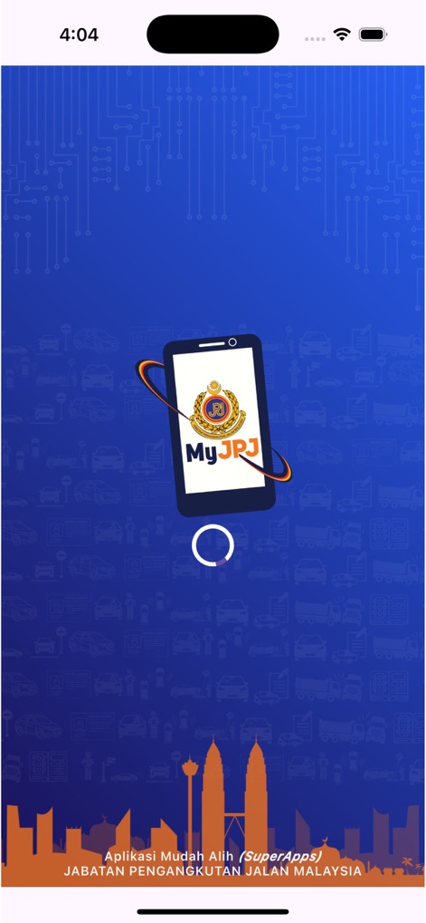 MyJPJ - This initial view showcases the MyJPJ logo centered on a mobile device, set against a dynamic background featuring the iconic Kuala Lumpur skyline.