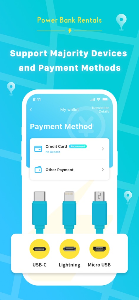 CHARGESPOT 自助租借移動電源 - The app demonstrates support for various payment methods like credit cards and showcases broad compatibility with different device connectors such as USB-C and Lightning.