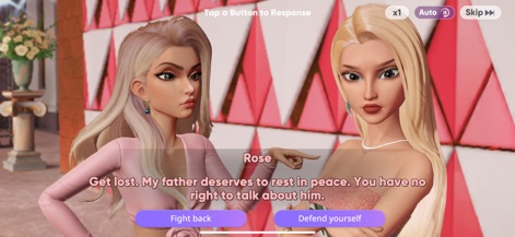 Hollywood Crush - The app presents interactive narrative choices, displaying dramatic dialogue options that influence the story and distinct character models engaging in a critical conversation.