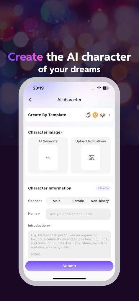 Linky AI: AI Chat&Char Maker - Empower your creativity with this character creation interface, offering both a 'Create By Template' option for quick starts and detailed 'Character Information' fields to define your AI's identity.