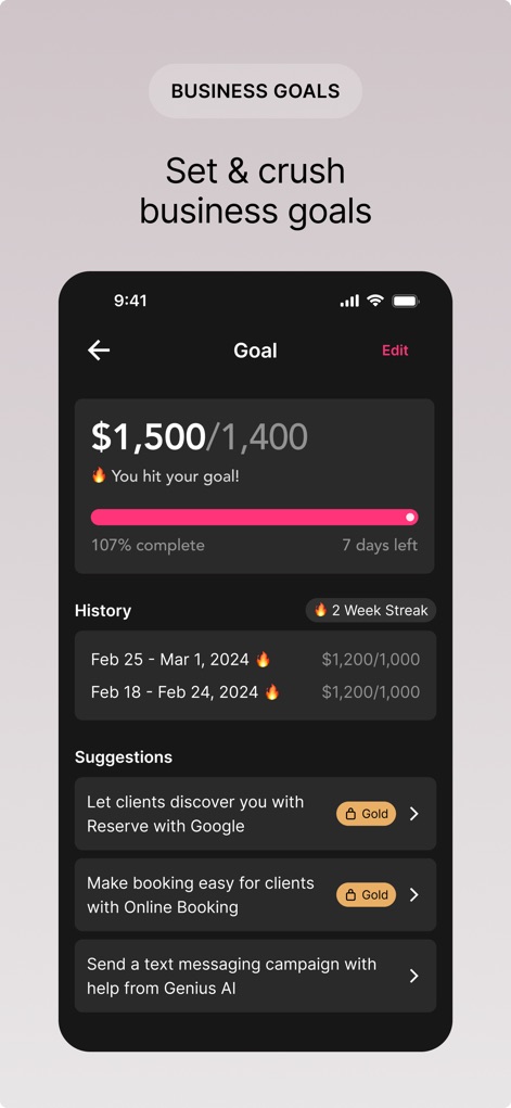 GlossGenius: Booking, Payments - La herramienta permite establecer objetivos de ingresos con una barra de progreso visual y ofrece sugerencias concretas para alcanzar estas metas.