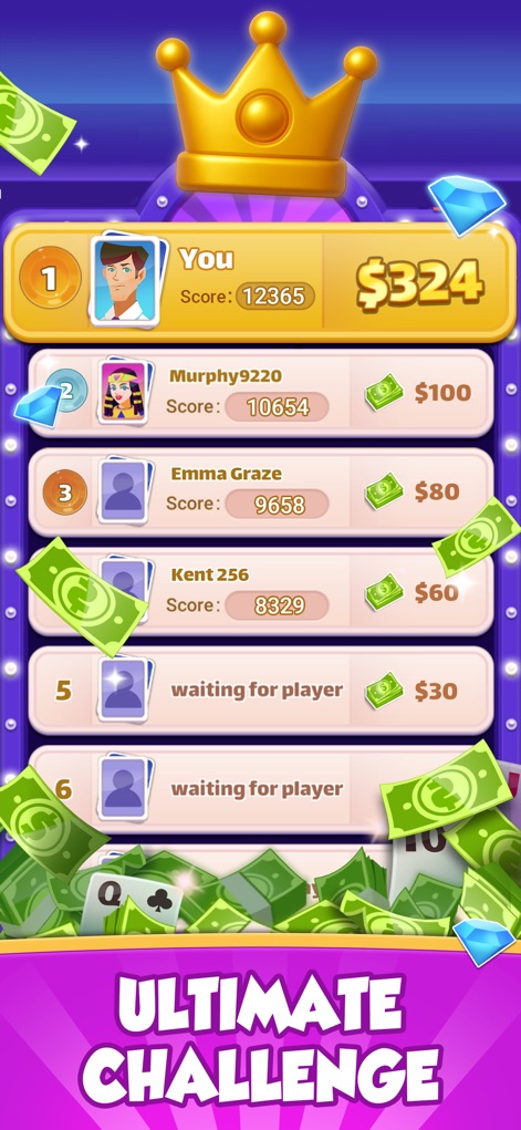 Solitaire Thrill: Win Cash - Esta pantalla ilustra la naturaleza competitiva del juego a través de una tabla de clasificación clara que muestra a "You" en primer lugar, junto con una corona dorada y las recompensas monetarias que los jugadores pueden ganar por su rendimiento.