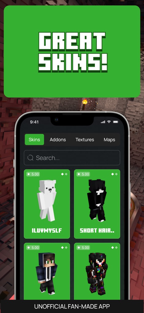 All MCPE Mods for Minecraft - The app allows users to effortlessly navigate a vast collection of unique skins, featuring visible ratings and character models for easy selection.
