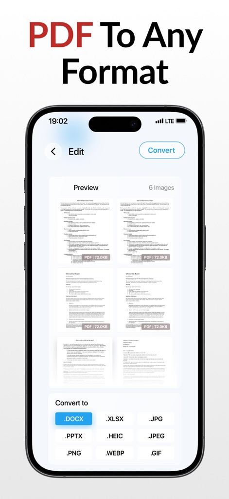PDF Converter – Photos to PDF - Cette vue illustre la capacité de l'application à afficher un aperçu de documents PDF et à les convertir vers de multiples formats, incluant DOCX, XLSX et une variété de formats d'image.