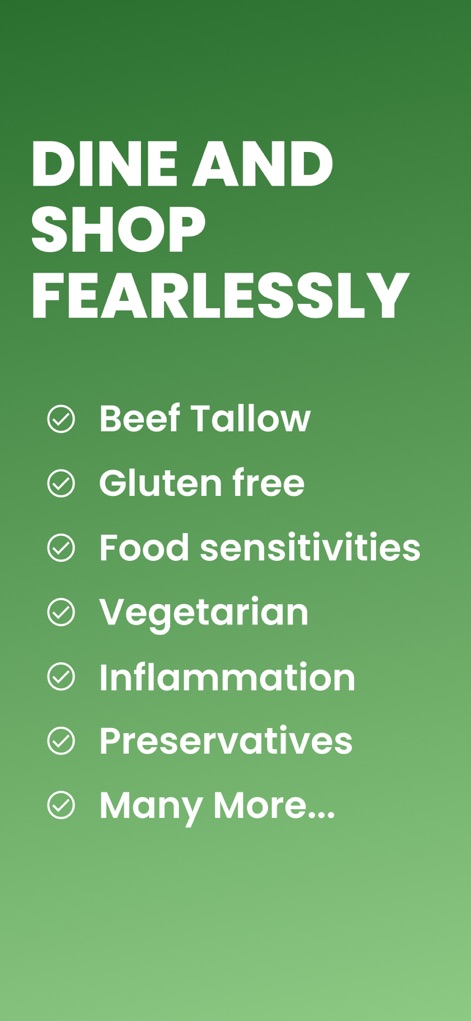 Seed Oil Scout: Healthy Dining - This screen illustrates the breadth of dietary concerns addressed, from specific ingredients like 'Beef Tallow' to broader categories such as 'Gluten free' and 'Food sensitivities', enabling users to 'DINE AND SHOP FEARLESSLY'.