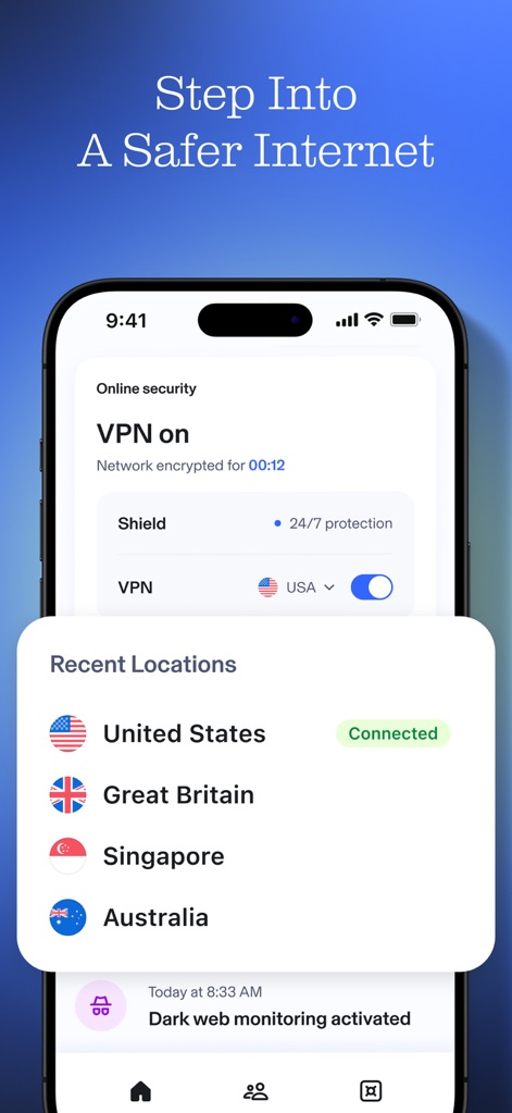 Aura: Security & Protection - Observe how the app ensures online safety with an active VPN displaying "network encrypted" status and offering multiple "Recent Locations" for connection.