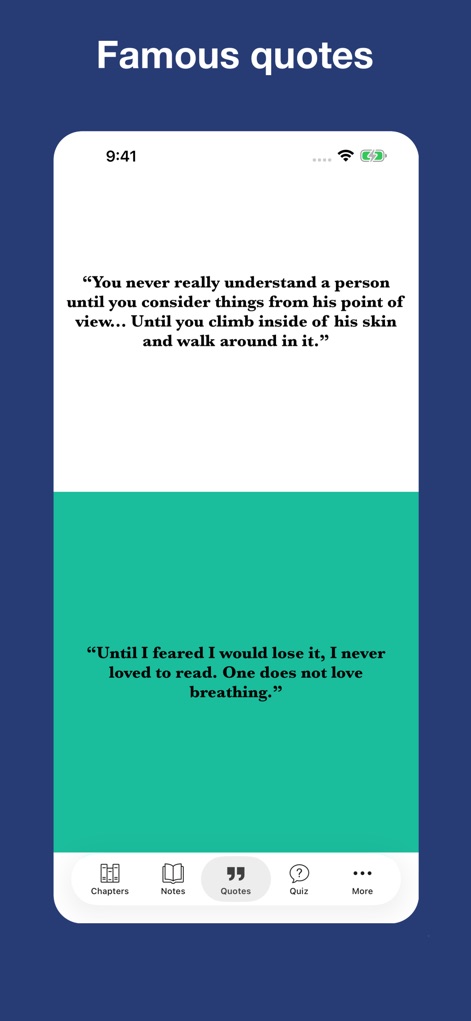 To Kill a Mockingbird - notes - L'application met en valeur des citations mémorables du roman, présentées avec une typographie soignée et un agencement distinctif pour les utilisateurs.