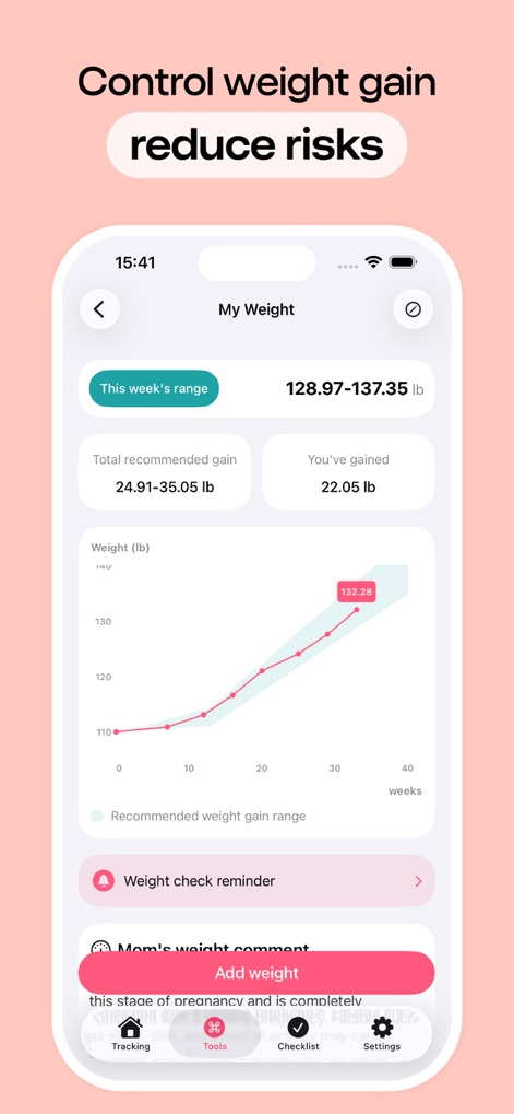Pregnancy Tracker, Due Date - This feature helps expecting mothers manage weight gain with a dynamic line chart and clearly indicates the recommended weight gain range throughout pregnancy.