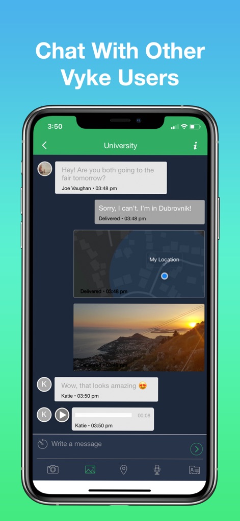 Vyke: Second Phone Number - Cette interface de chat permet aux utilisateurs de communiquer gratuitement entre eux, intégrant des fonctionnalités riches comme le partage de localisation via une carte et l'envoi d'images visibles dans le fil de discussion, pour une interaction complète.