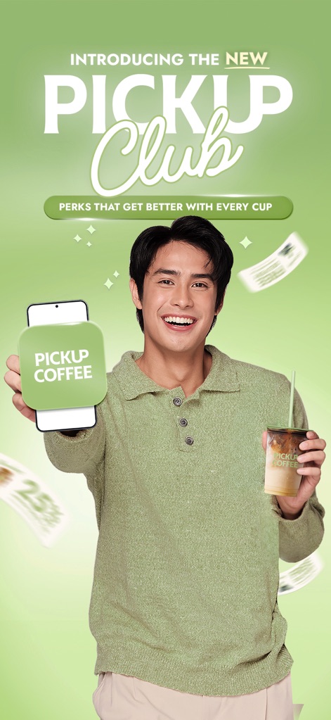 PICKUP COFFEE - Die App stellt den "PICKUP Club" vor, der Nutzern mit jedem Kaffee verbesserte Vorteile bietet, sichtbar durch die "PICKUP Club"-Markierung auf dem Bildschirm und den Kaffeebecher.