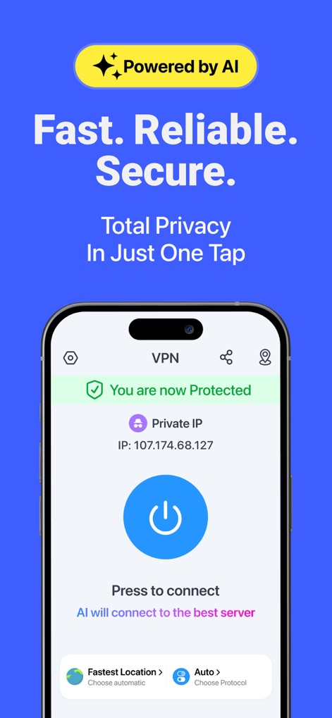 VPN for iPhone · - La interfaz principal presenta el estado de "You are now Protected" y la dirección IP privada del usuario, destacando la asistencia de IA que conecta automáticamente al servidor óptimo.