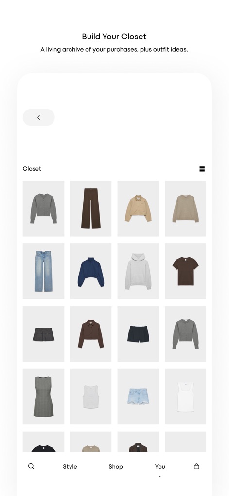 Aritzia - この「Closet」機能は、ユーザーのAritzia購入履歴をデジタルアーカイブとして管理し、多様なアイテムのプレビューを通じてコーディネートのアイデアを提案します。