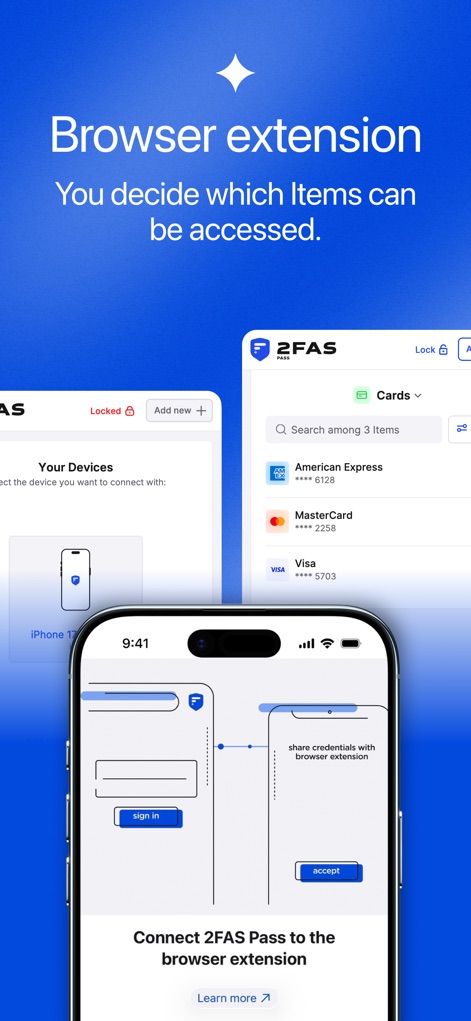 Password Manager (2FAS Pass) - See how the app provides a 'Browser extension' for convenient access to credentials and displays 'Cards' like credit card details within the extension.