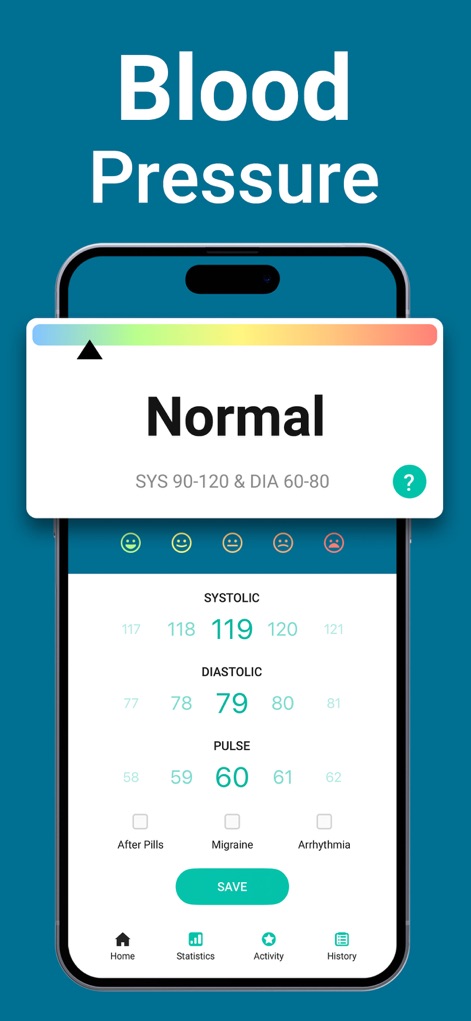 Blood Pressure App, Heart Rate - The app simplifies daily logging with precise numeric input fields for vital signs and convenient checkboxes for conditions like "After Pills" or "Arrhythmia."