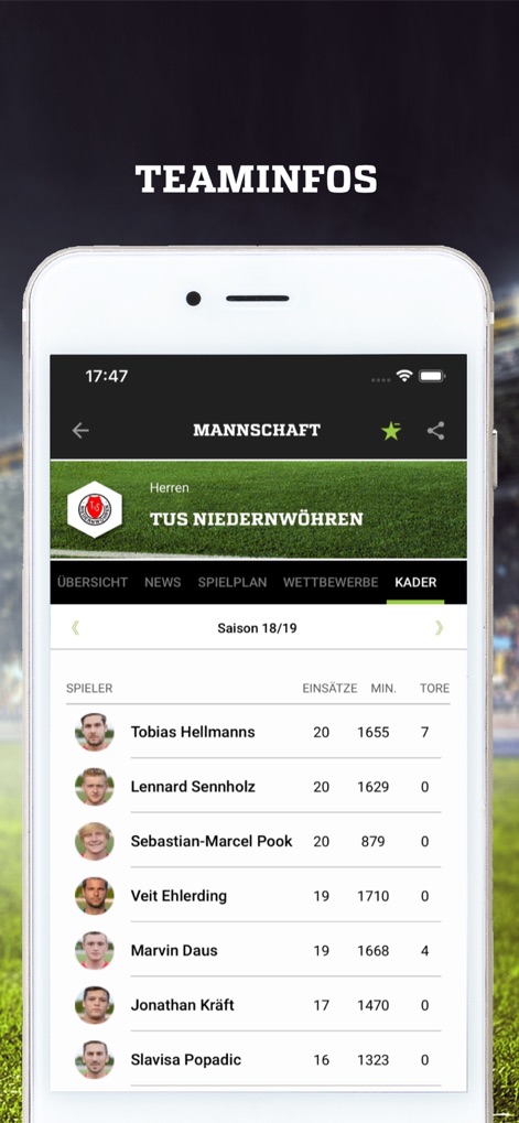 FUSSBALL.DE - Nutzer erhalten detaillierte Informationen zu ihrer gewählten "Mannschaft", einschließlich des Spielerkaders und wichtiger Statistiken wie "Einsätze" und erzielte Tore.