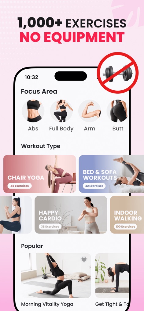 ChillFit: Home Workout Planner - L'application offre une richesse de plus de 1000 exercices variés, du "Yoga sur Chaise" aux "Entraînements Lit & Canapé", sans nécessiter d'équipement.