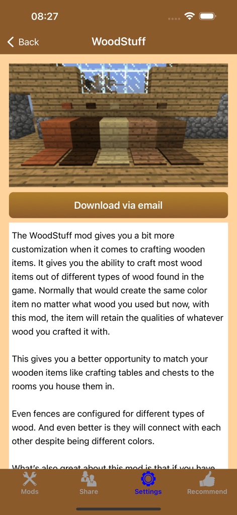 MC - Latest Furniture DLC Mods - A tela demonstra o mod "WoodStuff", que permite a criação de itens de madeira com cores variadas e texturas distintas conforme o tipo de madeira utilizada.