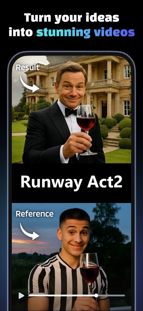 Creati: Gen AI Content Creator - The app showcases the ability to transform a reference image into a sophisticated 'Result' video, featuring a polished subject and an elegant backdrop.