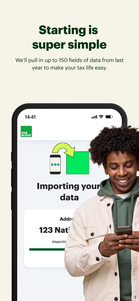 H&R Block Tax Prep: File Taxes - This tool demonstrates its efficiency by showing the "Importing your data" progress animation and the promise of automatically populating up to 150 fields from previous tax years.
