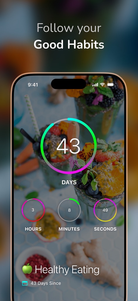 DayCount - The app showcases habit tracking with a large circular counter for days in a streak, complemented by smaller hourly and minute counters and a relevant healthy food background.