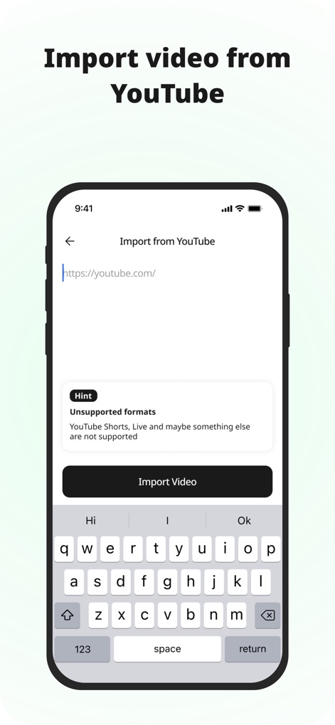 SpeakApp AI: Voice Notes - See how the app streamlines content ingestion with a dedicated YouTube URL input field and a direct import video action.