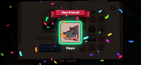 MyVoiceZoo Game - The app celebrates new animal acquisitions with a vibrant 'New Friend!' confetti animation, clearly showcasing the newly unlocked Hippo and its associated 'Rerecord' option.