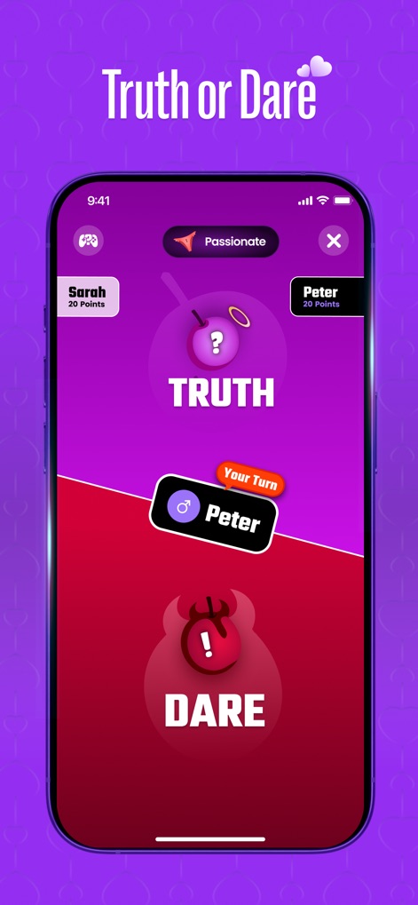 the2: Scratch Adventure - L'app propone il classico gioco "Truth or Dare", dove gli utenti possono scegliere tra domande intime o sfide audaci, con la possibilità di selezionare un livello di intensità come "Passionate" per un'esperienza più profonda.