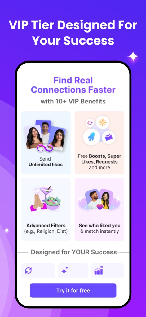 Dil Mil: South Asian Dating - Questo strumento presenta i benefici dell'abbonamento VIP Elite, inclusa la possibilità di inviare "Unlimited Likes" e l'accesso a "Boosts e SuperLikes" per massimizzare la visibilità.