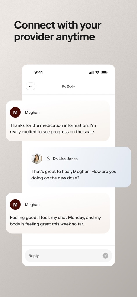 Ro: Online Healthcare - Questo strumento permette una comunicazione diretta e discreta con gli specialisti, come si vede nello scambio tra "Meghan" e "Dr. Lisa Jones", dove vengono discusse le terapie e i progressi.