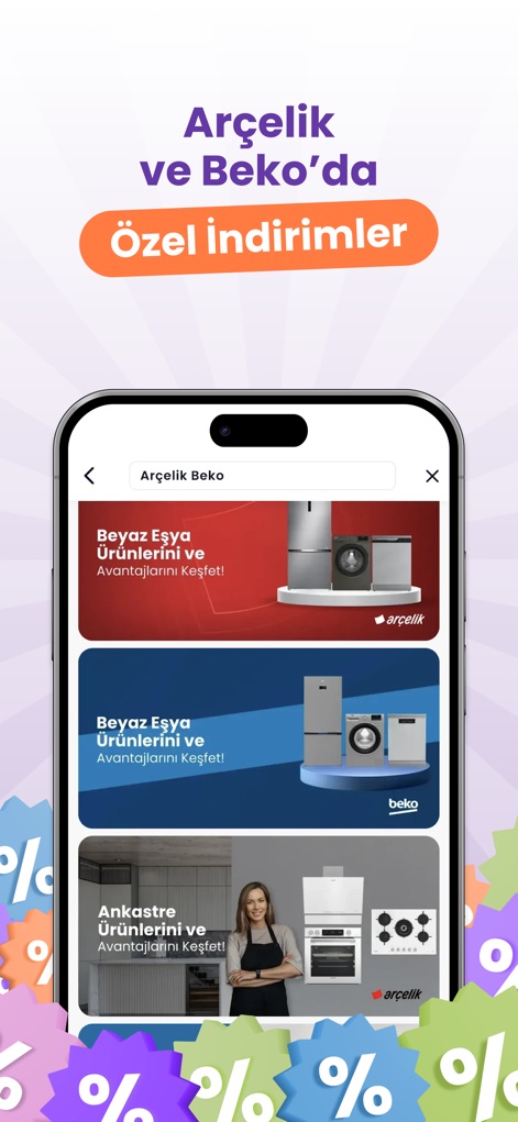 Oliz - Fırsat ve Avantaj App’i - Hier werden exklusive Rabatte für Arçelik und Beko beworben, ersichtlich an den spezifischen Markenbannern und den detaillierten Angeboten für Haushaltsgroßgeräte und Einbaugeräte.