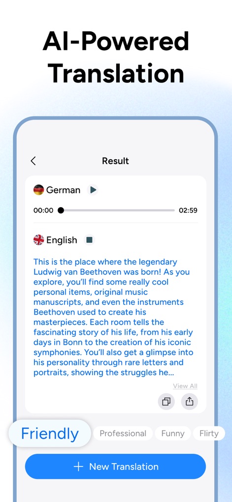 Translate AI • AI Translator - Esta pantalla muestra los resultados de la traducción impulsada por IA, donde el texto en inglés se ha traducido a alemán, y permite a los usuarios **ajustar el tono de la traducción** con opciones como 'Friendly' o 'Professional'.