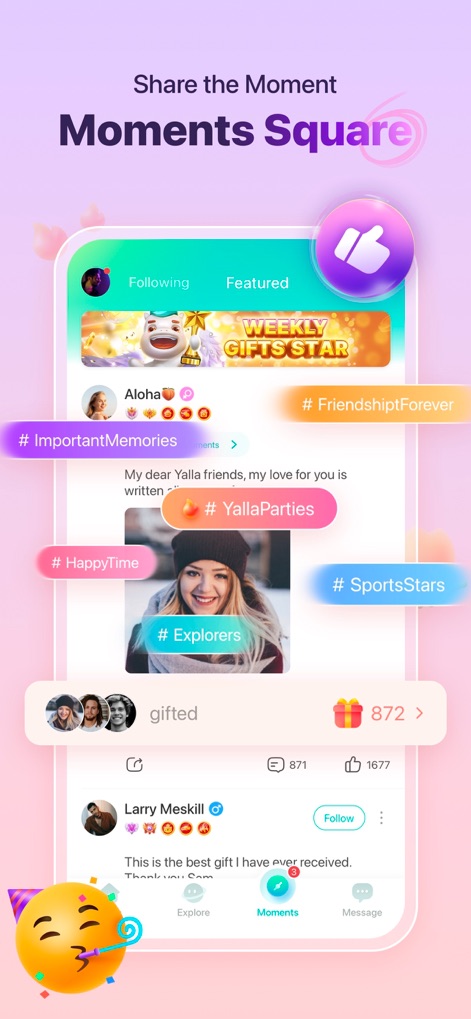 Yalla - Play Game & Voice Chat - Engage with the dynamic 'Moments Square' community feed, where users share posts with hashtags and receive virtual gifts for their content.