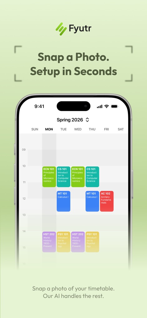 Fyutr - Student Calendar - This tool demonstrates the visual organization of the 'Spring 2026' term, showcasing a weekly grid filled with clearly distinct, colorful class blocks.