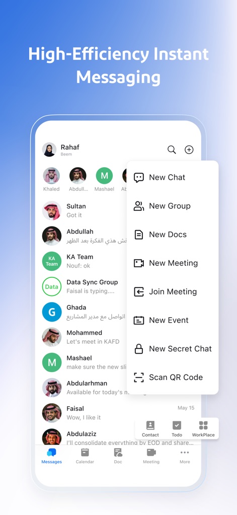 Beem: One Platform for Work - This screenshot highlights the app's instant messaging capabilities, showing a dynamic chat list with user avatars and a comprehensive quick-action menu for starting new chats or meetings.