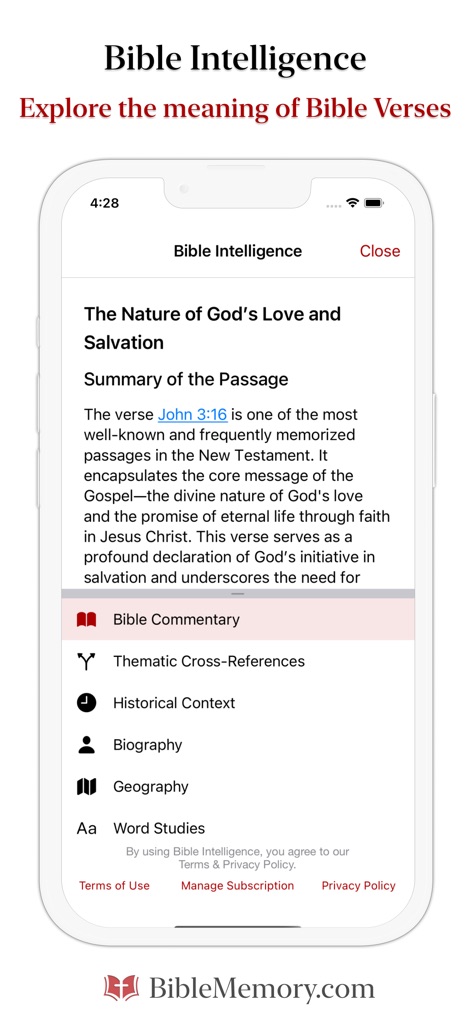 The Bible Memory App - Diese Ansicht der "Bible Intelligence" bietet eine tiefgehende Zusammenfassung des Verses "John 3:16" und erweitert das Verständnis durch hilfreiche Optionen wie "Bible Commentary" und "Thematic Cross-References".