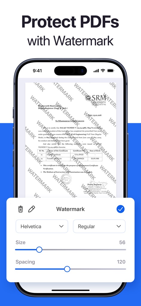 Forma: PDF Document Editor - ユーザーは、独自の透かしを文書に追加することで著作権を保護でき、フォントの種類やサイズも自由に設定してカスタマイズ可能です。