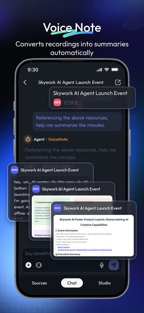 Skywork - Esta imagem demonstra a capacidade do "VoiceNote", processando uma gravação de áudio intitulada "Skywork AI Agent Launch Event" e gerando um resumo estruturado com uma seção de "Professional Data" e um "Executive Summary".
