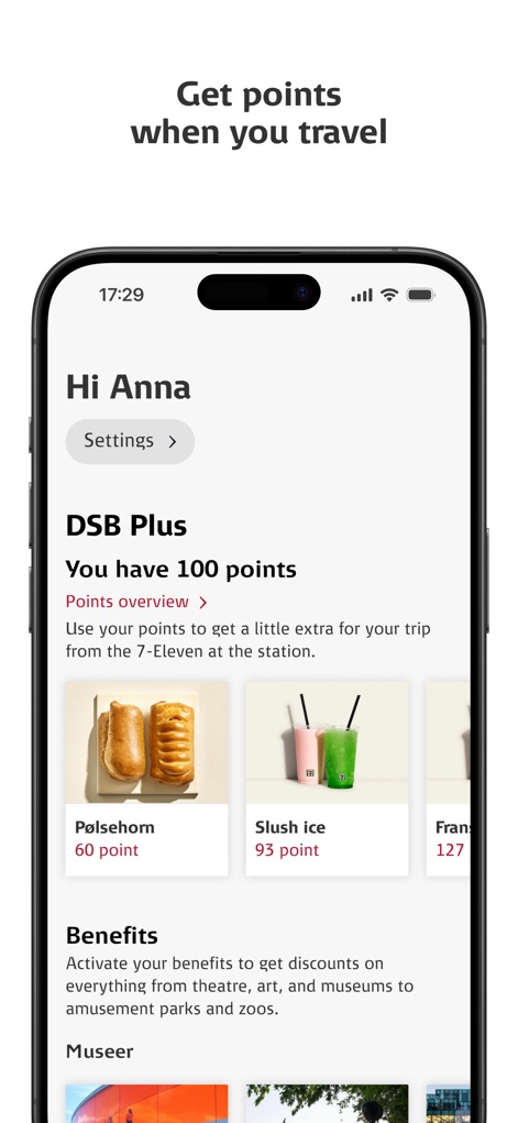 DSB - Discover the 'DSB Plus' loyalty program, where users can track their accumulated points and redeem them for delightful treats from 7-Eleven, enhancing their travel experience.
