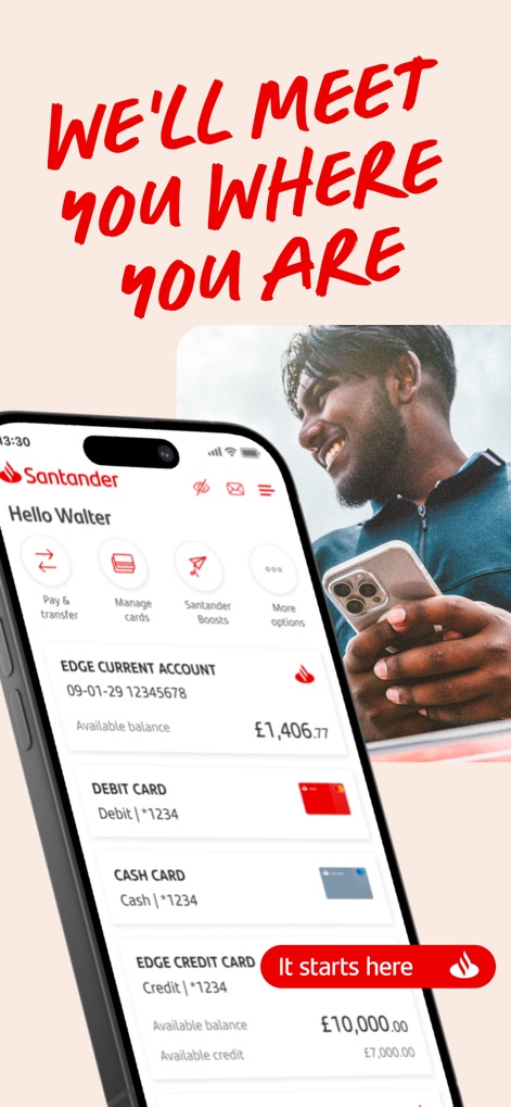 Santander Mobile Banking - Explore the app's intuitive home screen, showcasing available balances for various accounts and quick access navigation for essential banking tasks.