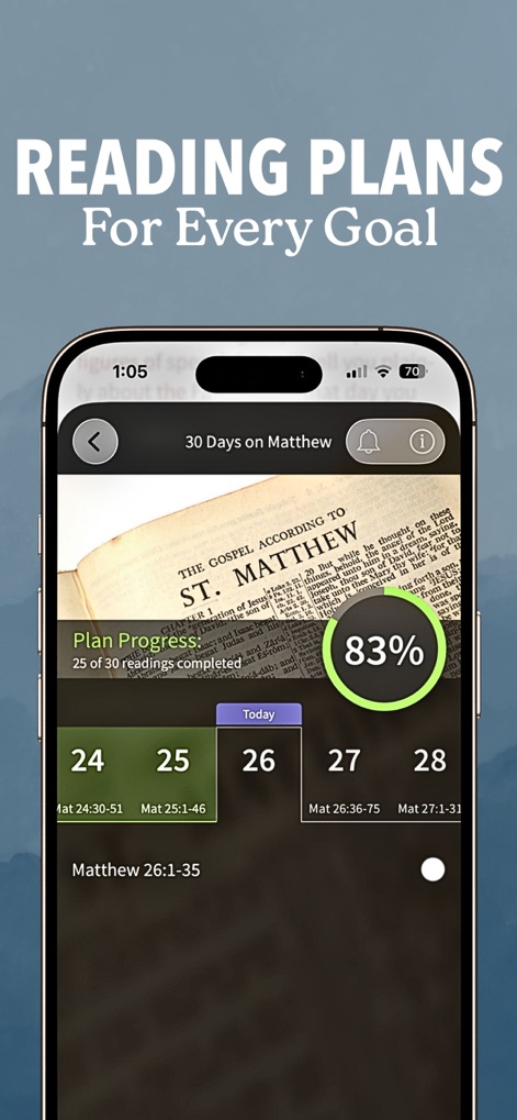 Bible App - Read & Study Daily - Users can follow structured reading plans, like "30 Days on Matthew," visually tracking their progress with a clear percentage completion and daily breakdown.