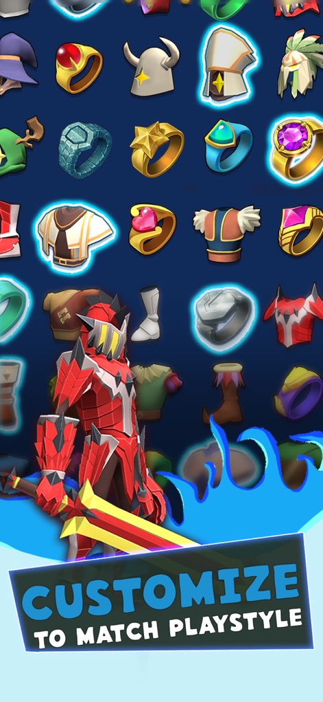 Undead Slayer: Offline Action - Delve into the app's robust customization depth, showcasing a character with personalized armor and an extensive array of equipment icons like rings and helmets.