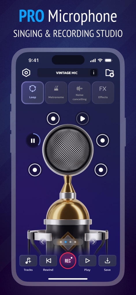 Pro Microphone: Voice Record - La interfaz principal destaca un imponente "Vintage Mic" virtual, proporcionando a los usuarios acceso instantáneo a controles esenciales como "Loop" y "Metronome" para una experiencia de grabación fluida.