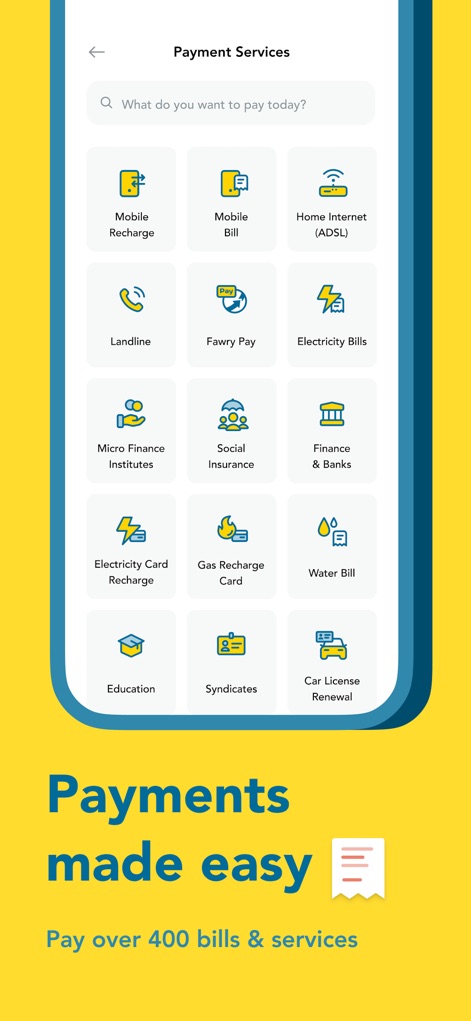 myfawry - Questa schermata illustra un'ampia gamma di 'Payment Services' (Servizi di Pagamento), consentendo agli utenti di pagare bollette e ricaricare servizi, supportata da una comoda barra di ricerca 'What do you want to pay today?' per trovare rapidamente ciò che serve.