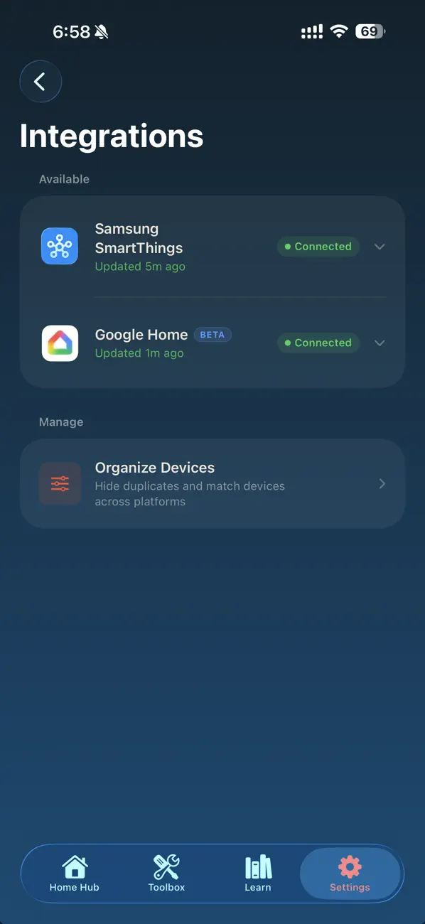 Integrations screen with SmartThings, Google Home, and Flo by Moen connected