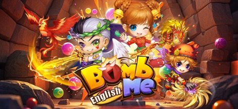 Bomb Me English - Dieses Bild präsentiert die lebendige Welt der App mit ihren charmanten Anime-Charakteren und dem auffälligen "Bomb Me English"-Logo im Zentrum.