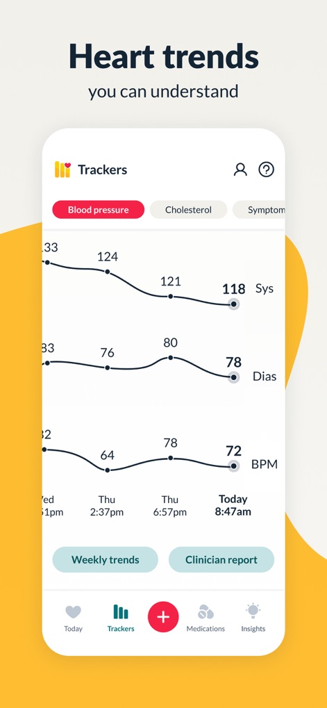 Hello Heart • For heart health - Explore the app's capability to visualize 'blood pressure trends' over time and the option to track 'cholesterol' readings for comprehensive insights.